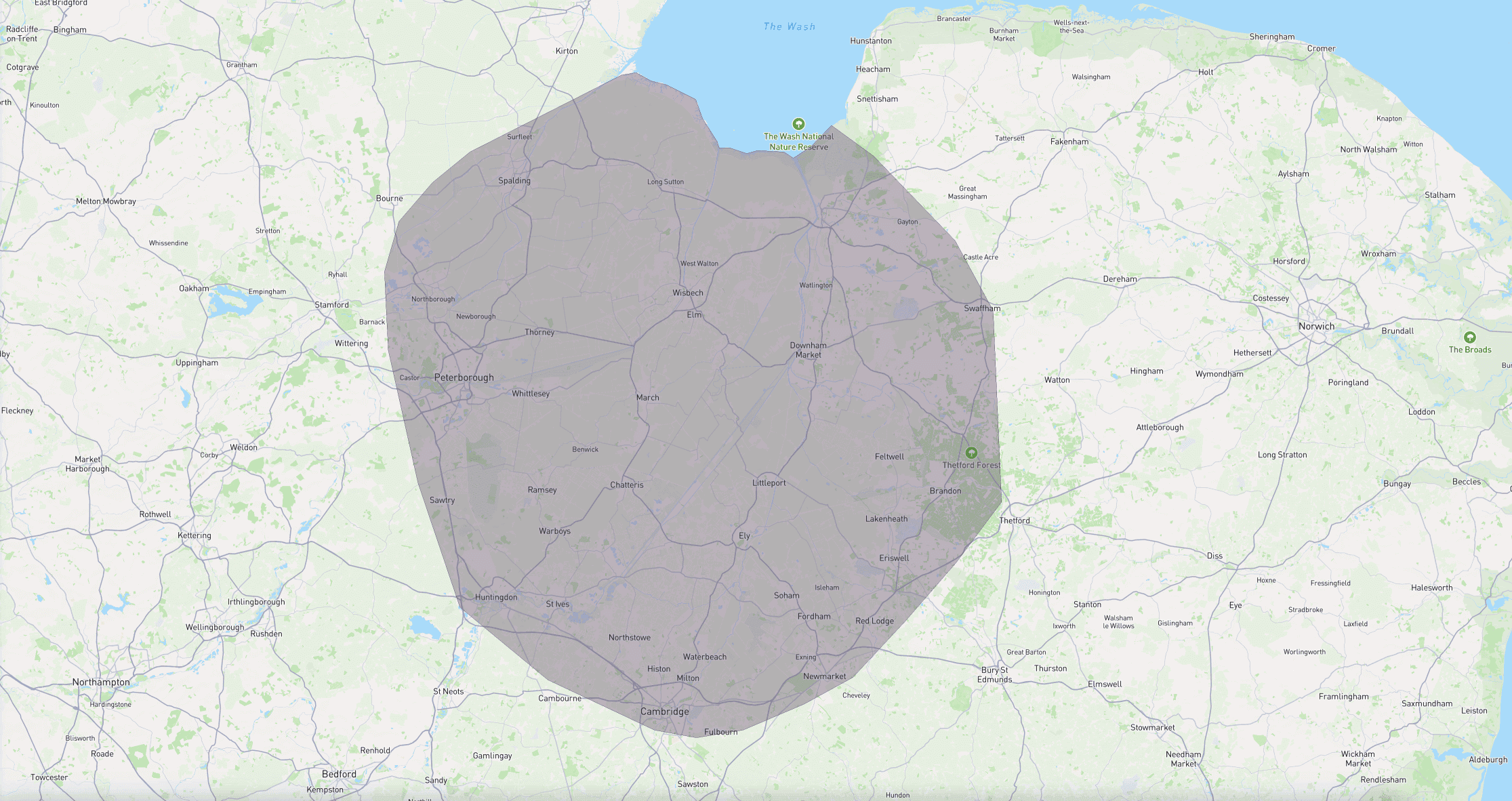 Image of a circle covering the areas we cover on a map